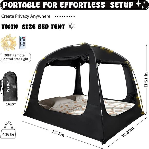 NIB. Bed Tent. 4 doors, Twin size, with light string. Black. - Picture 3 of 5